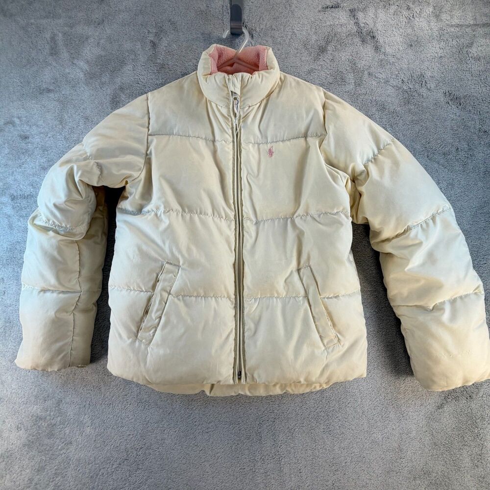 Ralph Lauren Girls Down Puffer Jacket Cream Pink Lined Youth Large 14–16